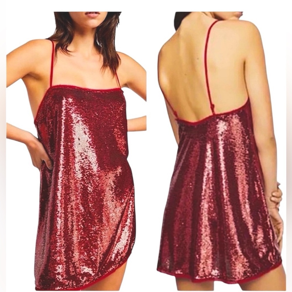 Free People Red Sequin Shift Mini Dress Holiday
